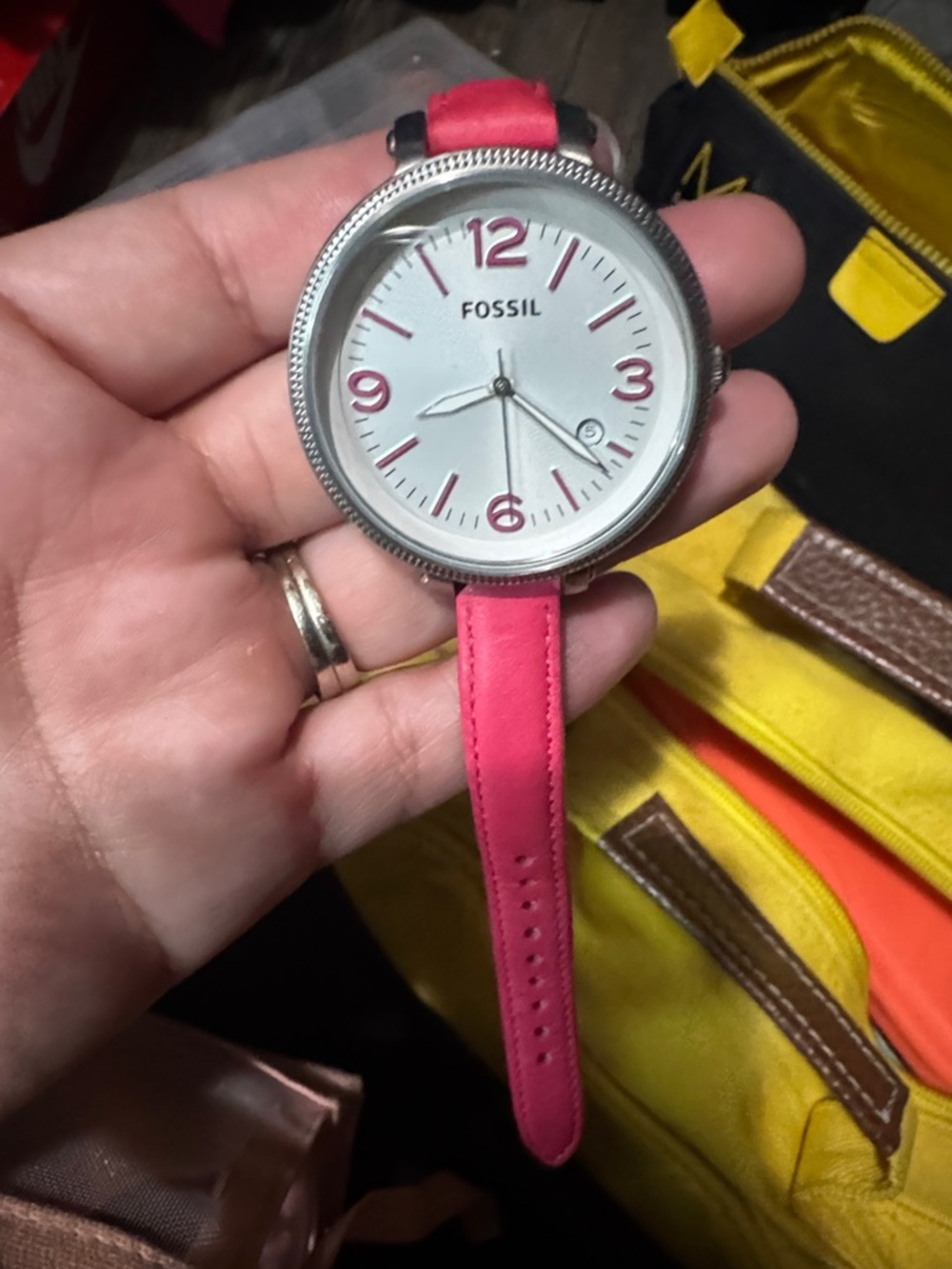 Pink leather band fossil watch
